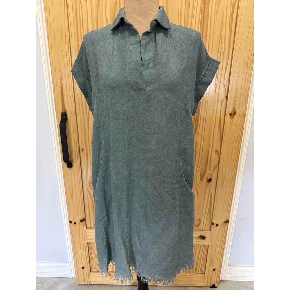 Umgee Dress‎ Womens Small Green Collared Short Sleeve Fringe Hem Shirt Dress